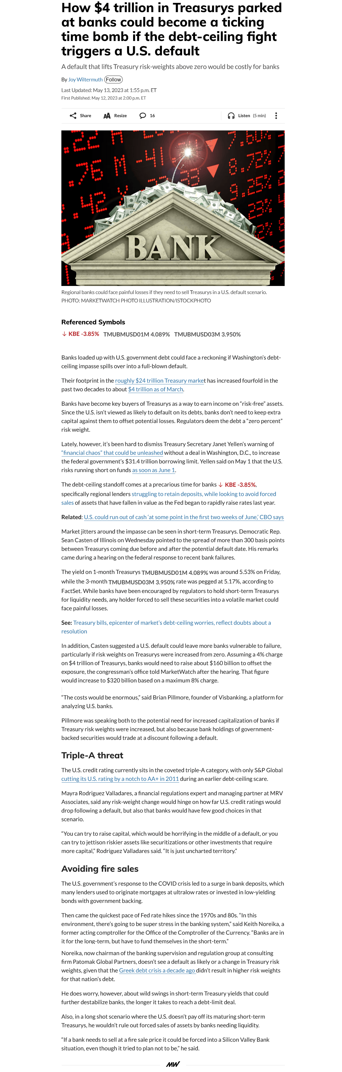 How $4 trillion in Treasurys parked at banks could become a ticking time bomb if the debt-ceiling fight triggers a U.S. default
